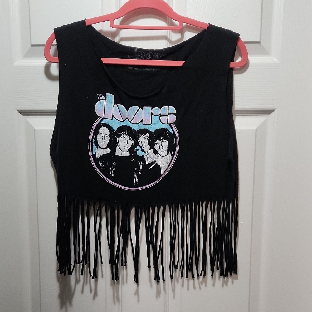 3/$10 Black Fringe Crop Top with Graphic Design